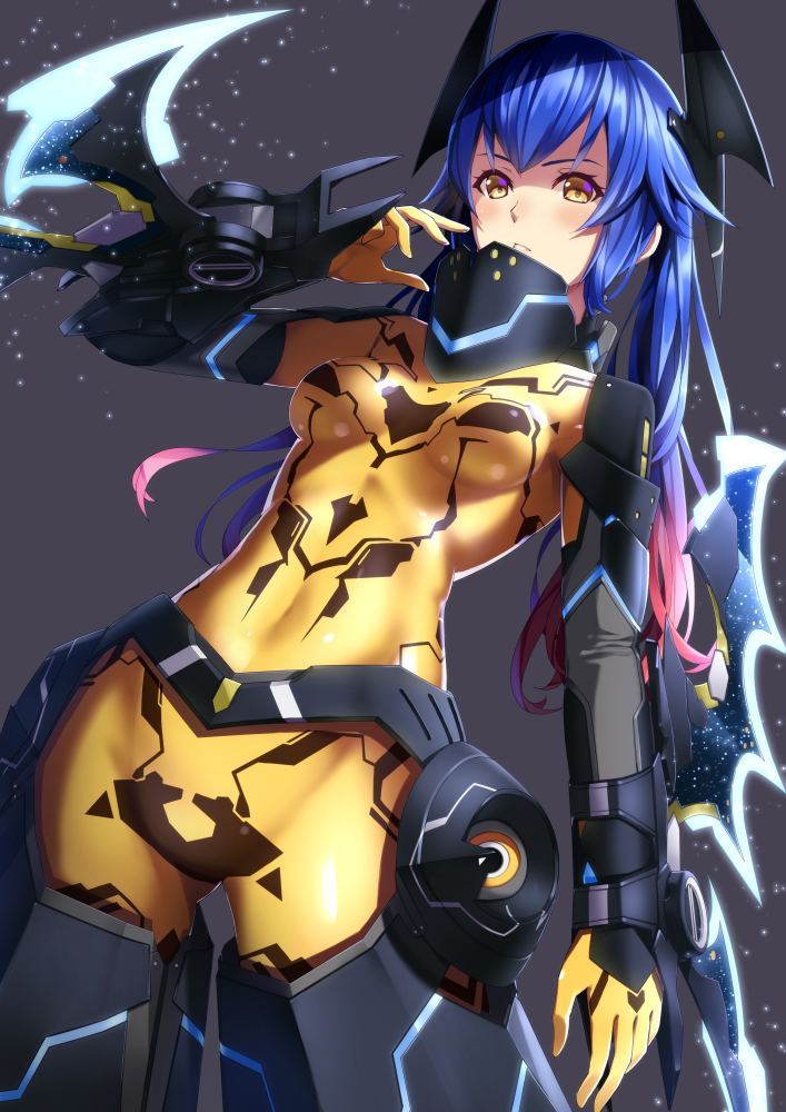 1girl bangs blue_hair blush bodysuit breasts cowboy_shot gradient_hair hand_up headgear long_hair medium_breasts multicolored_hair orange_bodysuit parted_lips phantasy_star phantasy_star_online_2 pink_hair quna_(pso2) shaded_face skin_tight solo twintails two-tone_hair weapon yellow_eyes yukikaze_(aaassszzz) zelsius