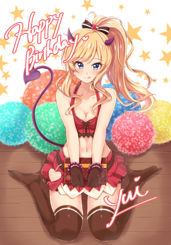 1girl :q bangs bare_shoulders bead_bracelet beads blonde_hair blue_eyes blush bow box bracelet breasts brown_bow brown_gloves brown_legwear character_name cleavage crop_top demon_horns demon_tail english eyebrows_visible_through_hair fake_horns full_body gift gift_box gloves hair_bow halter_top halterneck hands_on_own_thighs happy_birthday heart holding holding_gift horns idolmaster idolmaster_cinderella_girls jewelry jiino long_hair looking_at_viewer midriff miniskirt navel no_shoes ootsuki_yui ponytail red_shirt red_skirt ribbon shirt sidelocks sitting skirt sleeveless sleeveless_shirt small_breasts smile solo star stomach tail thigh-highs tongue tongue_out wariza white_background wooden_floor yellow_ribbon zettai_ryouiki