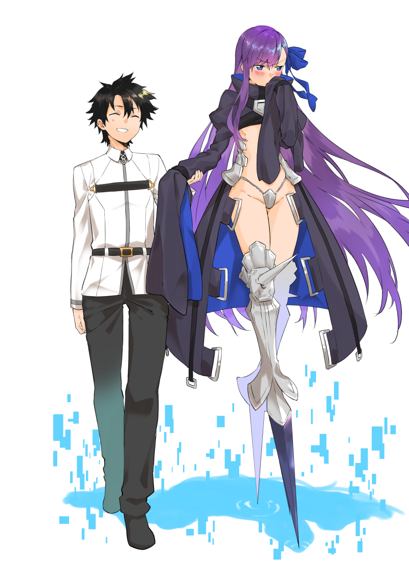 armor armored_boots black_hair blue_eyes blue_ribbon blush boots closed_eyes coat crotch_plate fate/extra fate/extra_ccc fate/grand_order fate_(series) fujimaru_ritsuka_(male) grin hair_ribbon hand_holding hand_to_own_mouth height_difference long_hair long_sleeves looking_away meltlilith metal_boots midriff prosthesis prosthetic_leg purple_hair ribbon sleeves_past_wrists smile spikes