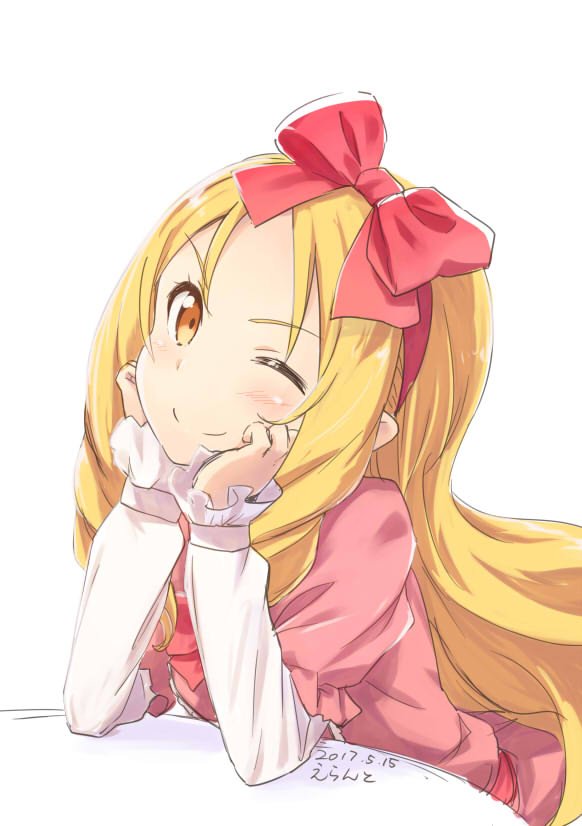 &gt;;) 1girl ;) artist_name blonde_hair dated dress eromanga_sensei errant hairband hands_on_own_cheeks hands_on_own_face long_hair long_sleeves looking_at_viewer one_eye_closed pink_dress red_ribbon ribbon smile solo yamada_elf