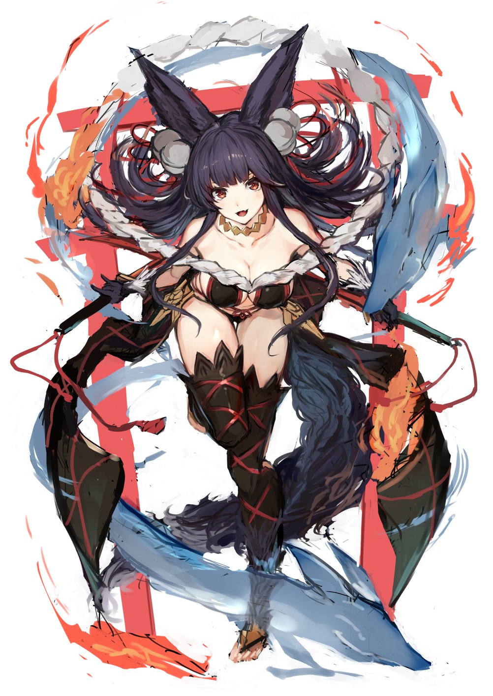 1girl animal_ears black_hair breasts cleavage fang granblue_fantasy highres large_breasts looking_at_viewer open_mouth oyu_(sijimisizimi) red_eyes smile solo yuel_(granblue_fantasy)