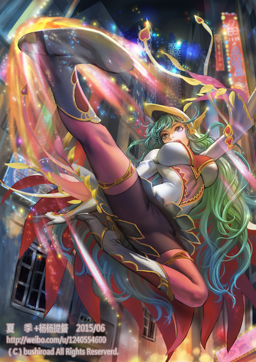 1girl boots building cardfight!!_vanguard company_name dated elegance_feather full_body gloves green_hair hat long_hair official_art open_mouth pantyhose solo sparkle xiaji yellow_eyes