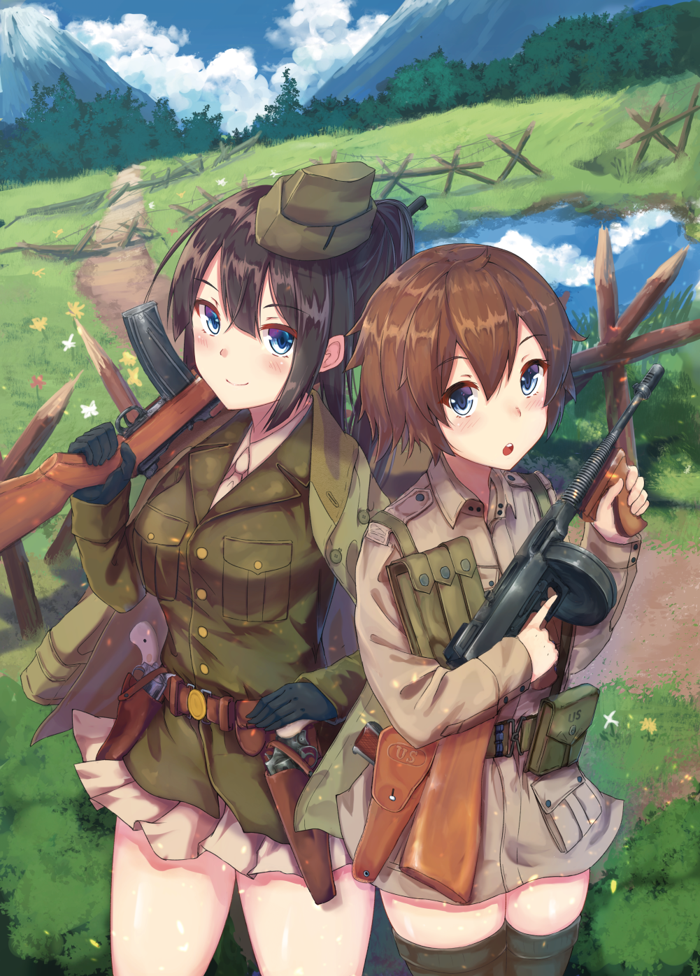 2girls :o ammunition_pouch bangs belt belt_pouch black_gloves black_hair black_legwear blue_eyes blush brown_hair buttons commentary_request gloves grass green_jacket gun hair_between_eyes handgun highres holding holding_gun holding_weapon holster jacket jacket_on_shoulders karo-chan long_hair looking_at_viewer m1_carbine military military_jacket multiple_girls open_mouth original outdoors over_shoulder pleated_skirt pocket ponytail revolver round_teeth short_hair side-by-side skirt smile submachine_gun teeth thigh-highs thompson_submachine_gun trigger_discipline vertical_foregrip weapon weapon_over_shoulder wing_collar world_war_ii