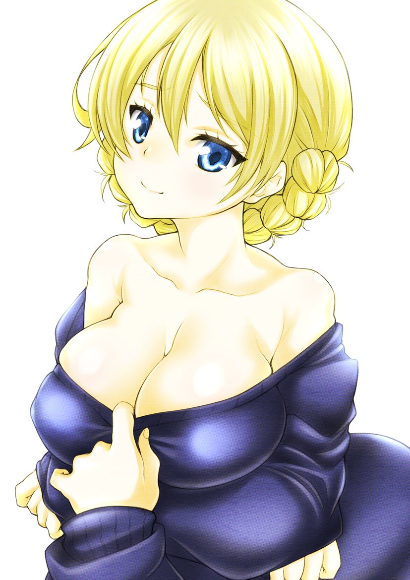 1girl bangs blonde_hair blue_eyes blue_sweater braid breast_hold breasts casual cleavage closed_mouth collar_tug collarbone commentary darjeeling error girls_und_panzer large_breasts long_sleeves looking_at_viewer off_shoulder out_of_frame portrait shiromitsu_suzaku short_hair simple_background smile sweater tied_hair twin_braids white_background