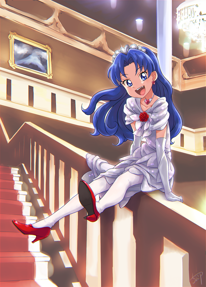 1girl artist_name blue_eyes blue_hair chandelier chocokin choker crown dress earrings elbow_gloves eyebrows_visible_through_hair fang flower gloves heart heart_earrings high_heels indoors jewelry kirakira_precure_a_la_mode lips lipstick long_hair looking_at_viewer makeup open_mouth precure red_shoes rose shiny shiny_hair shoes sliding smile solo stairs tategami_aoi thigh-highs wedding_dress white_dress white_legwear
