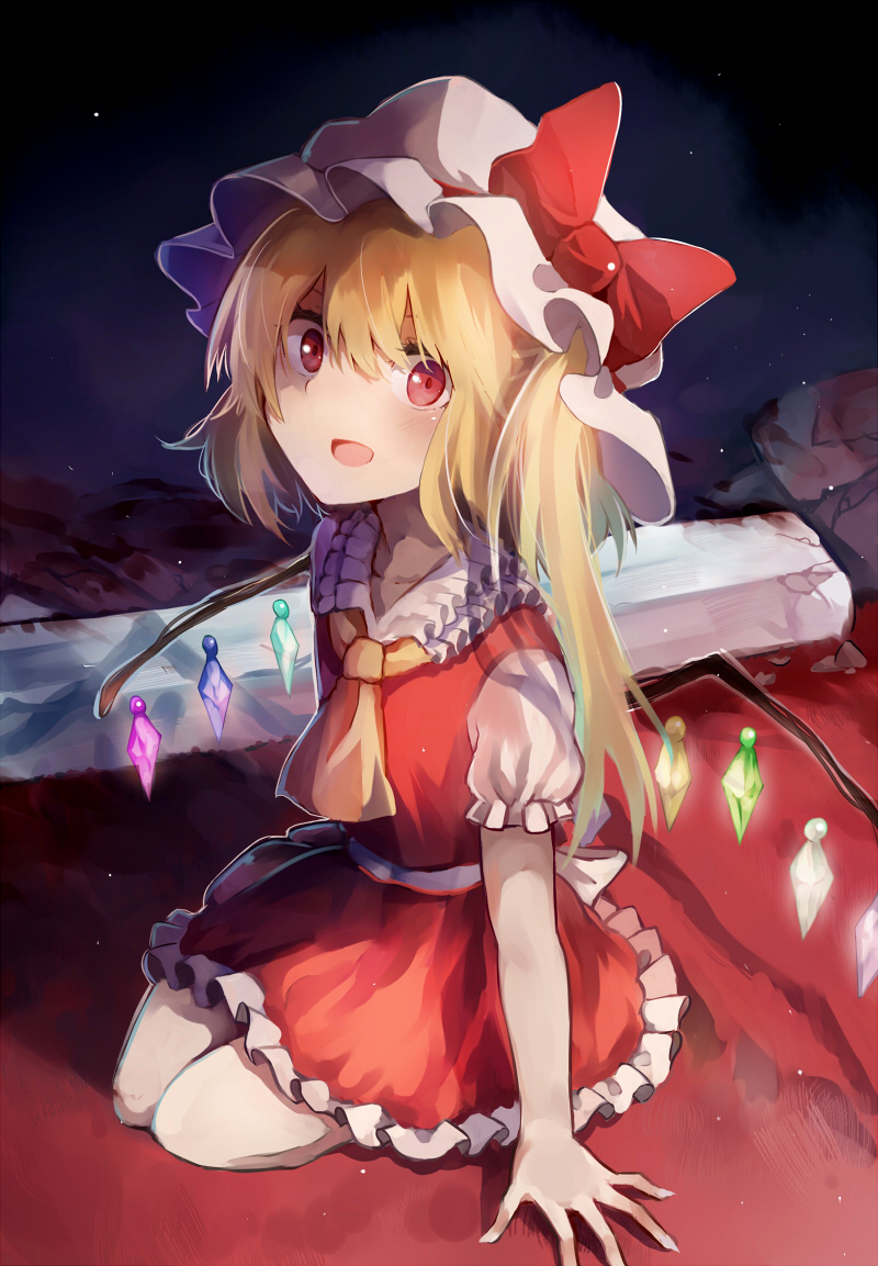 1girl ascot blonde_hair blush bow commentary_request crystal flandre_scarlet hat hat_bow jpeg_artifacts looking_at_viewer mob_cap open_mouth ponytail puffy_sleeves red_eyes shirt short_hair short_sleeves side_ponytail sitting skirt skirt_set smile solo tare_nu_(usesase) touhou vest wings