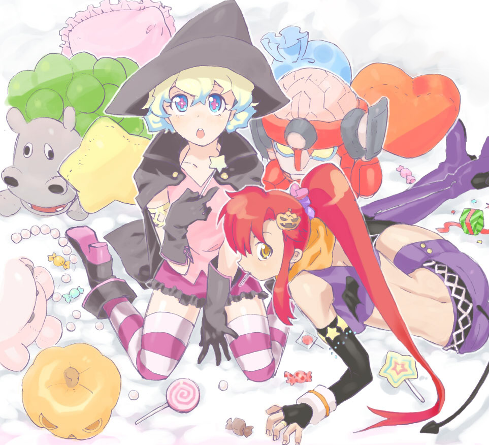 +_+ 2girls :o ankle_boots arm_support armlet bangs bare_back belt between_legs black_boots black_cloak black_gloves black_hat blonde_hair blue_eyes blue_hair boots broken_heart buttons candy cloak closed_mouth collarbone commentary_request confetti crop_top curly_hair demon_tail demon_wings eating elbow_gloves eyebrows_visible_through_hair eyelashes eyes_visible_through_hair fingerless_gloves food frilled_pillow frilled_skirt frills gloves hair_between_eyes hair_ornament hair_scrunchie hand_between_legs hat heart heart_pillow high_collar high_heel_boots high_heels holding holding_wand horizontal-striped_legwear imoyk jack-o'-lantern jack-o'-lantern_hair_ornament lagann lollipop long_hair looking_at_viewer looking_up lying mini_wings miniskirt multicolored_hair multiple_girls nia_teppelin on_side open_cloak open_mouth orange_eyes orange_scarf parted_bangs pillow pink_boots pink_shirt pink_skirt purple_boots purple_scrunchie raised_eyebrows redhead round_teeth scarf scrunchie shirt short_hair sitting skirt sleeveless star star_print striped striped_legwear stuffed_animal stuffed_toy swirl_lollipop tail teeth tengen_toppa_gurren_lagann thigh-highs thigh_boots two-tone_hair v-neck very_long_hair wand wariza wings wristband yoko_littner zettai_ryouiki
