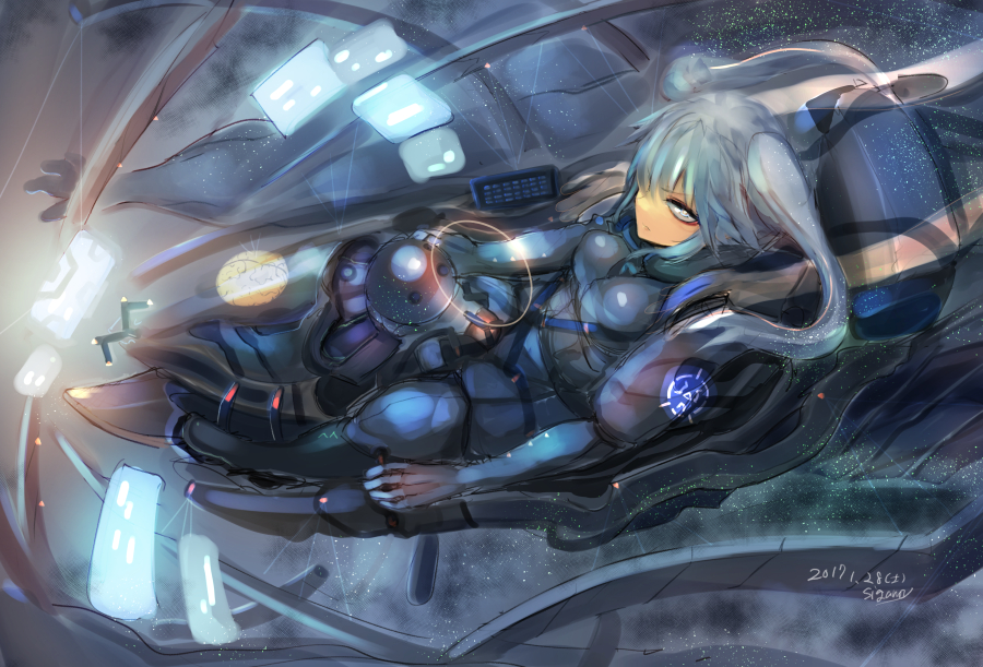1girl blue_hair bodysuit brain cockpit original piloting science_fiction screen sigama space_craft twintails