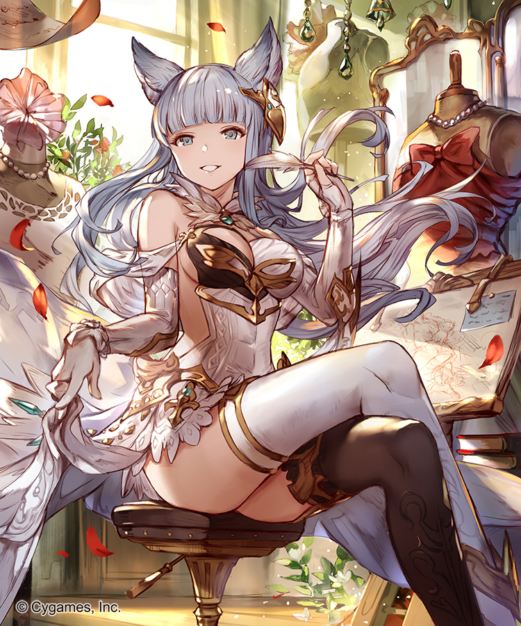 1girl 77gl animal_ears ass backless_outfit bangs bare_shoulders black_legwear blue_eyes blunt_bangs breasts chair company_name detached_sleeves dress dress_lift elbow_gloves erun_(granblue_fantasy) feathers gloves granblue_fantasy hair_ornament korwa legs_crossed lips long_hair looking_at_viewer medium_breasts mismatched_legwear parted_lips short_dress sideboob sitting thigh-highs white_gloves white_legwear window wooden_floor