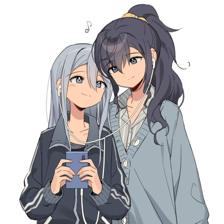 2girls asahina_mafuyu buttons cardigan cellphone closed_mouth collarbone earphones eighth_note eyebrows_visible_through_hair grey_cardigan grey_eyes grey_hair grey_jacket holding holding_phone jacket long_hair long_sleeves multiple_girls musical_note namgic phone ponytail project_sekai purple_hair shared_earphones simple_background smartphone smile symbol-only_commentary track_jacket upper_body white_background yoisaki_kanade yuri