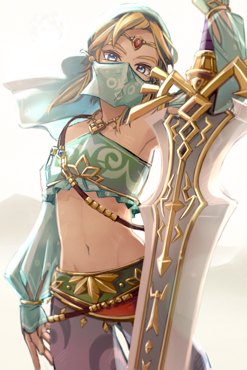 1boy alternate_costume blonde_hair blue_eyes circlet crossdressinging detached_sleeves gerudo_link highres jewelry link looking_at_viewer midriff navel otton solo sword the_legend_of_zelda the_legend_of_zelda:_breath_of_the_wild trap veil weapon