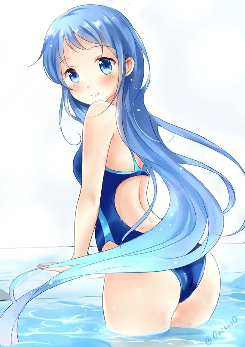 1girl alternate_costume bangs blue_eyes blue_hair blue_swimsuit blush from_behind gradient_hair kantai_collection looking_at_viewer looking_back looking_to_the_side matching_hair/eyes multicolored_hair nikoo one-piece_swimsuit partially_submerged pool samidare_(kantai_collection) simple_background smile solo swept_bangs swimsuit very_long_hair wading white_background