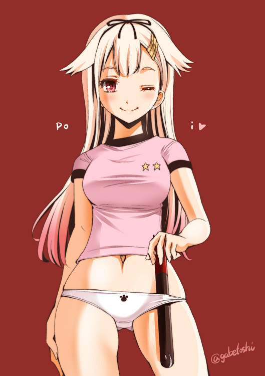 1girl alternate_costume blonde_hair breasts commentary_request hair_flaps hair_ornament hair_ribbon hairclip heart kantai_collection long_hair medium_breasts navel one_eye_closed panties paw_print pink_shirt red_eyes remodel_(kantai_collection) ribbon shirt smile sogabe_toshinori solo star star_print torpedo twitter_username underwear white_panties yuudachi_(kantai_collection)