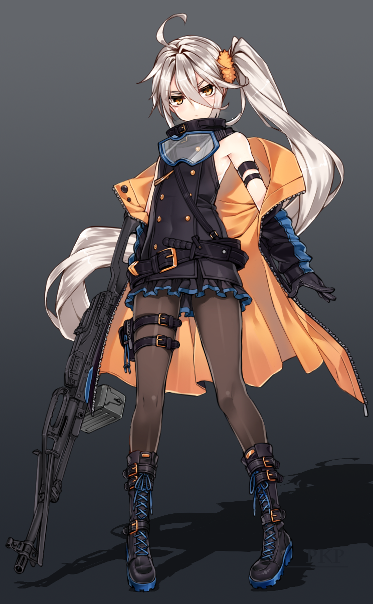 1girl ahoge argyle argyle_legwear asymmetrical_legwear beltskirt black_boots black_legwear black_skirt blue_legwear blush boots character_name closed_mouth combat_boots double-breasted eyebrows_visible_through_hair full_body girls_frontline goggles goggles_around_neck grey_hair gun hair_between_eyes hair_ornament hair_scrunchie highres holding holding_gun holding_weapon holster kneehighs kuro_(kuronell) long_hair looking_at_viewer machine_gun miniskirt mismatched_legwear orange_legwear pkp_(girls_frontline) pkp_pecheneg scrunchie shadow sheath sheathed shiny shiny_hair side_ponytail silver_hair single_kneehigh single_thighhigh skirt solo standing striped striped_legwear thigh-highs thigh_holster thigh_strap vertical-striped_legwear vertical_stripes weapon yellow_eyes