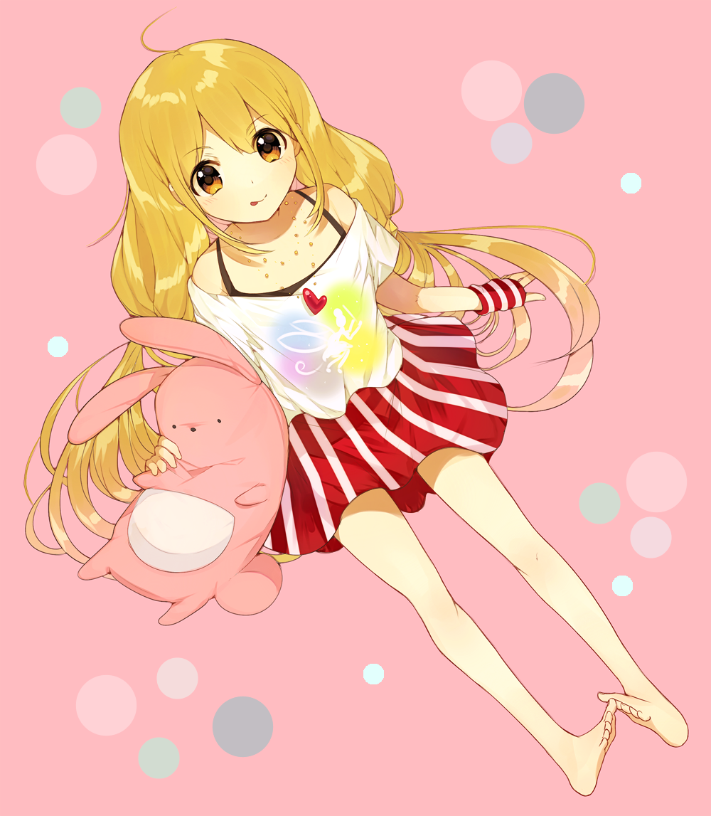 1girl ahoge bangs bare_legs bare_shoulders barefoot black_tank_top blush chapu circle closed_mouth crumbs eyebrows_visible_through_hair feet_together fingerless_gloves from_above futaba_anzu gloves heart holding holding_stuffed_animal idolmaster idolmaster_cinderella_girls layered_clothing long_hair looking_at_viewer low-tied_long_hair pink_background red_gloves red_skirt shirt sidelocks single_glove sitting skirt smile solo striped striped_skirt stuffed_animal stuffed_bunny stuffed_toy tank_top tongue tongue_out twintails white_shirt yellow_eyes