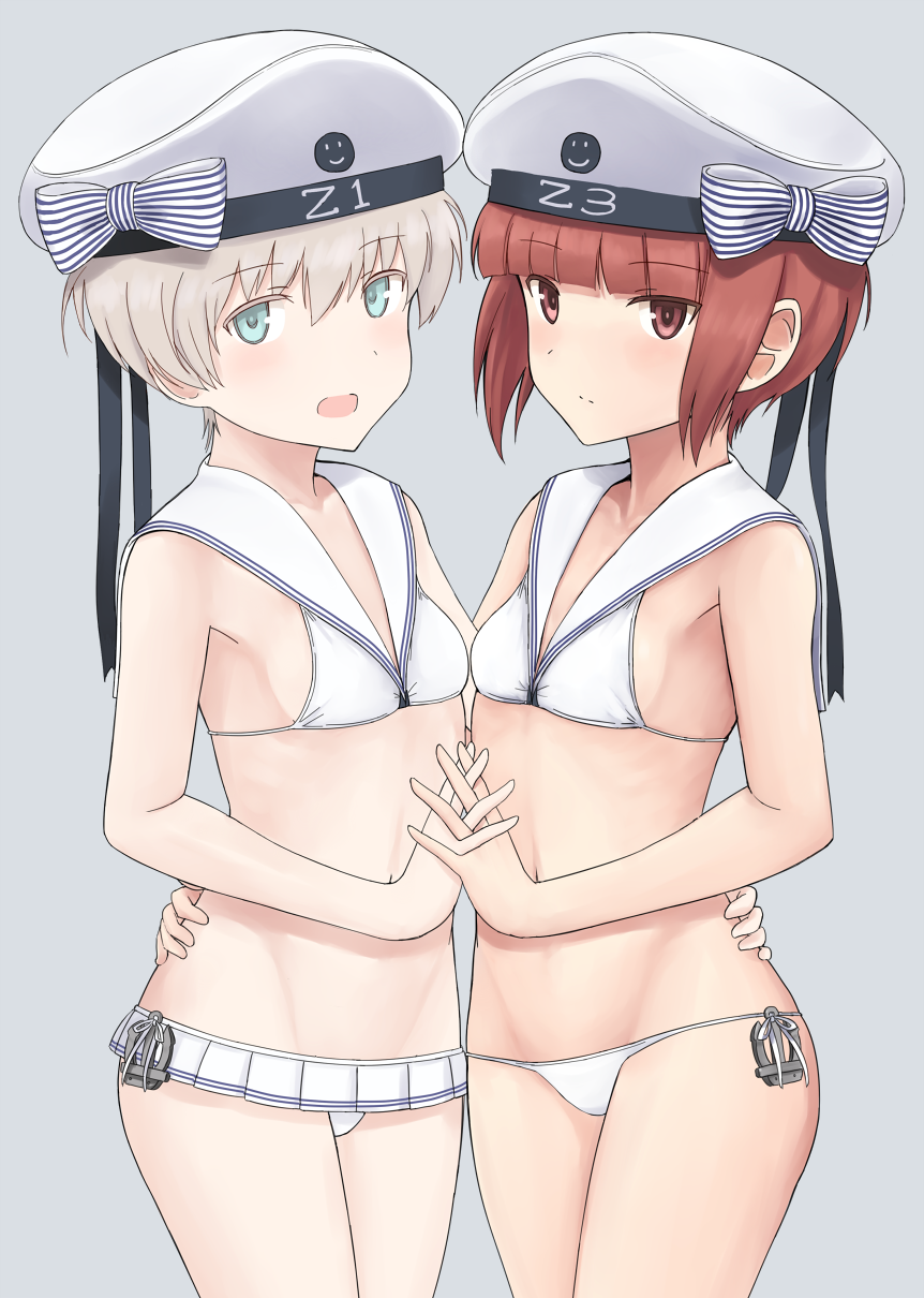 2girls auburn_hair bikini blonde_hair blue_eyes brown_eyes clothes_writing fuyube_gin_(huyube) grey_background hat highres kantai_collection microskirt multiple_girls open_mouth pleated_skirt sailor_bikini sailor_collar short_hair simple_background skirt smile swimsuit white_bikini white_hat white_skirt z1_leberecht_maass_(kantai_collection) z3_max_schultz_(kantai_collection)