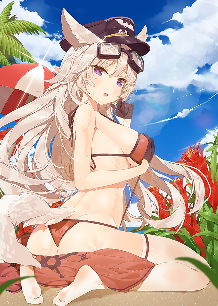 1girl animal_ears ass barefoot bikini black_gloves blonde_hair blush breasts clouds company_name covering covering_breasts day flower gloves goggles goggles_on_head hat large_breasts lens_flare long_hair looking_at_viewer looking_back mx2j_(nsh6394) open_mouth orange_bikini qurare_magic_library sitting sky solo swimsuit tail towel umbrella violet_eyes wariza