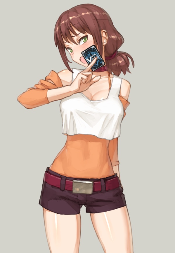 1girl bare_shoulders belt blush breasts brown_hair card cardfight!!_vanguard cleavage commentary_request contrapposto cowboy_shot crop_top green_eyes grey_background groin head_tilt impossible_clothes low_ponytail medium_breasts open_mouth ponytail shoe-ji shorts simple_background solo tank_top usui_yuri