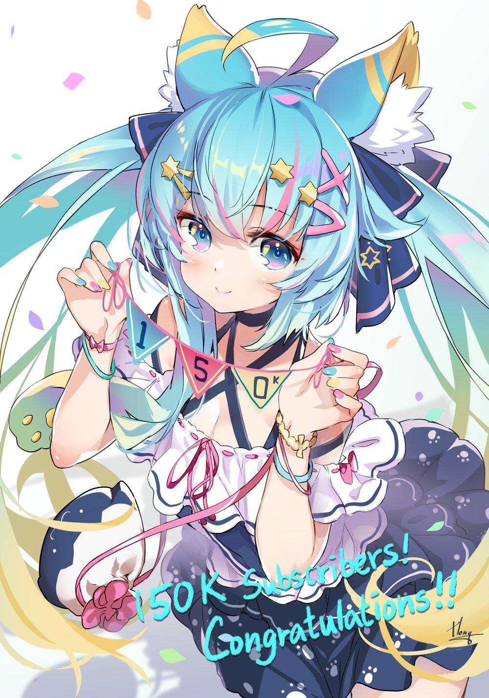 1girl ahoge animal_ear_fluff animal_ears aqua_hair aqua_nails black_skirt blonde_hair blue_eyes bracelet cat_ears closed_mouth commentary_request congratulations highres hong_(white_spider) indie_virtual_youtuber jewelry lanmewko long_hair looking_at_viewer multicolored_hair multicolored_nails nail_polish pink_nails simple_background skirt solo twintails virtual_youtuber white_background yellow_nails