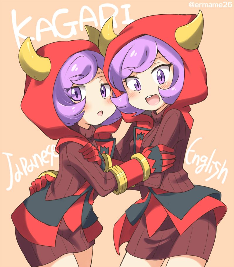 2girls blush eromame fake_horns gloves hood hoodie horned_headwear kagari_(pokemon) kagari_(pokemon)_(remake) looking_at_viewer multiple_girls open_mouth pokemon pokemon_(game) pokemon_oras purple_hair ribbed_sweater short_hair sweater team_magma uniform violet_eyes