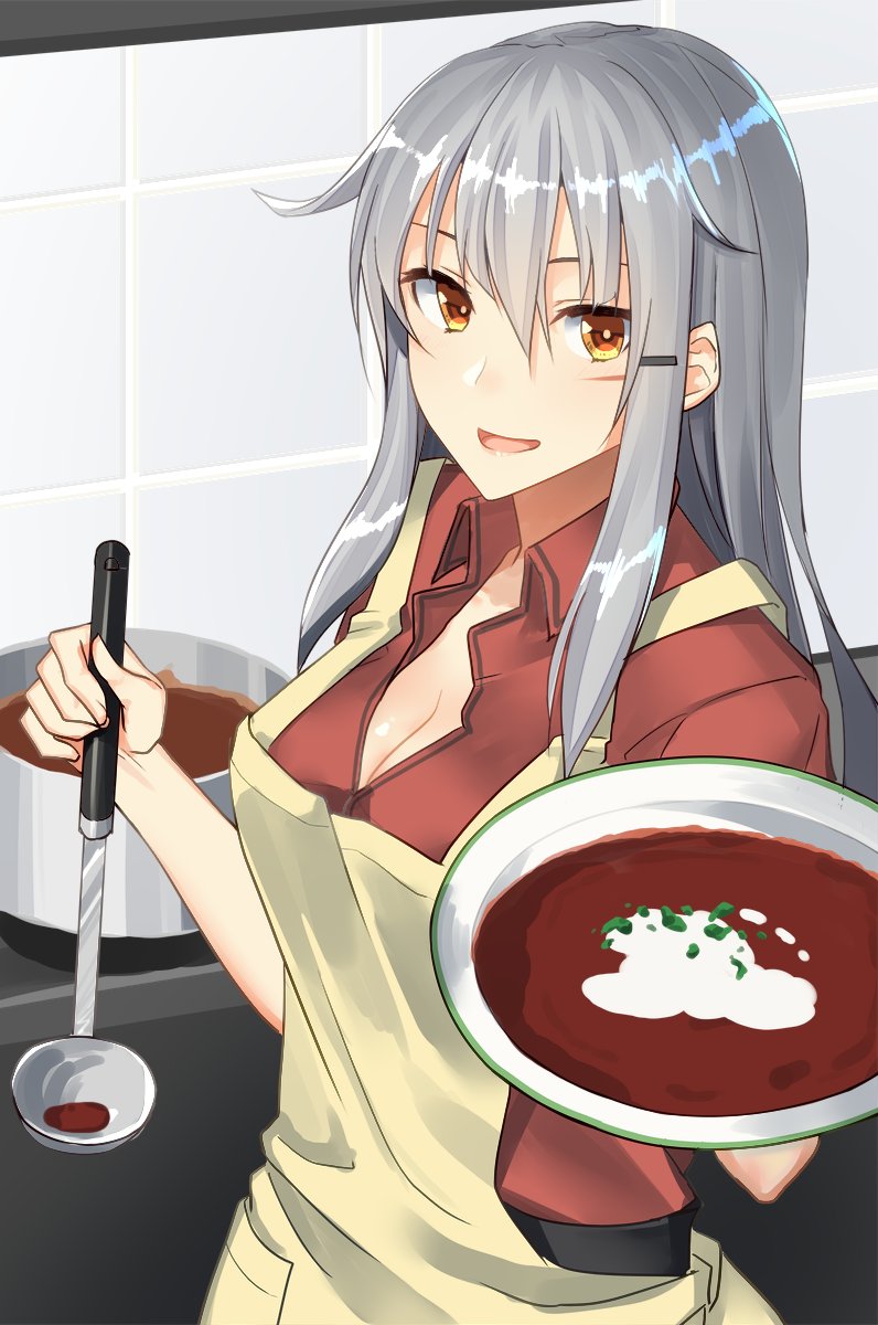 1girl apron black_belt borscht_(food) bowel breasts cleavage cooking food gangut_(kantai_collection) hair_between_eyes hair_flaps hair_ornament hairclip hairflaps highres kantai_collection kitchen ladle large_breasts long_hair looking_at_viewer open_clothes open_mouth open_shirt orange_eyes pallad pot red_shirt scar shiny shiny_hair shirt silver_hair solo tiles