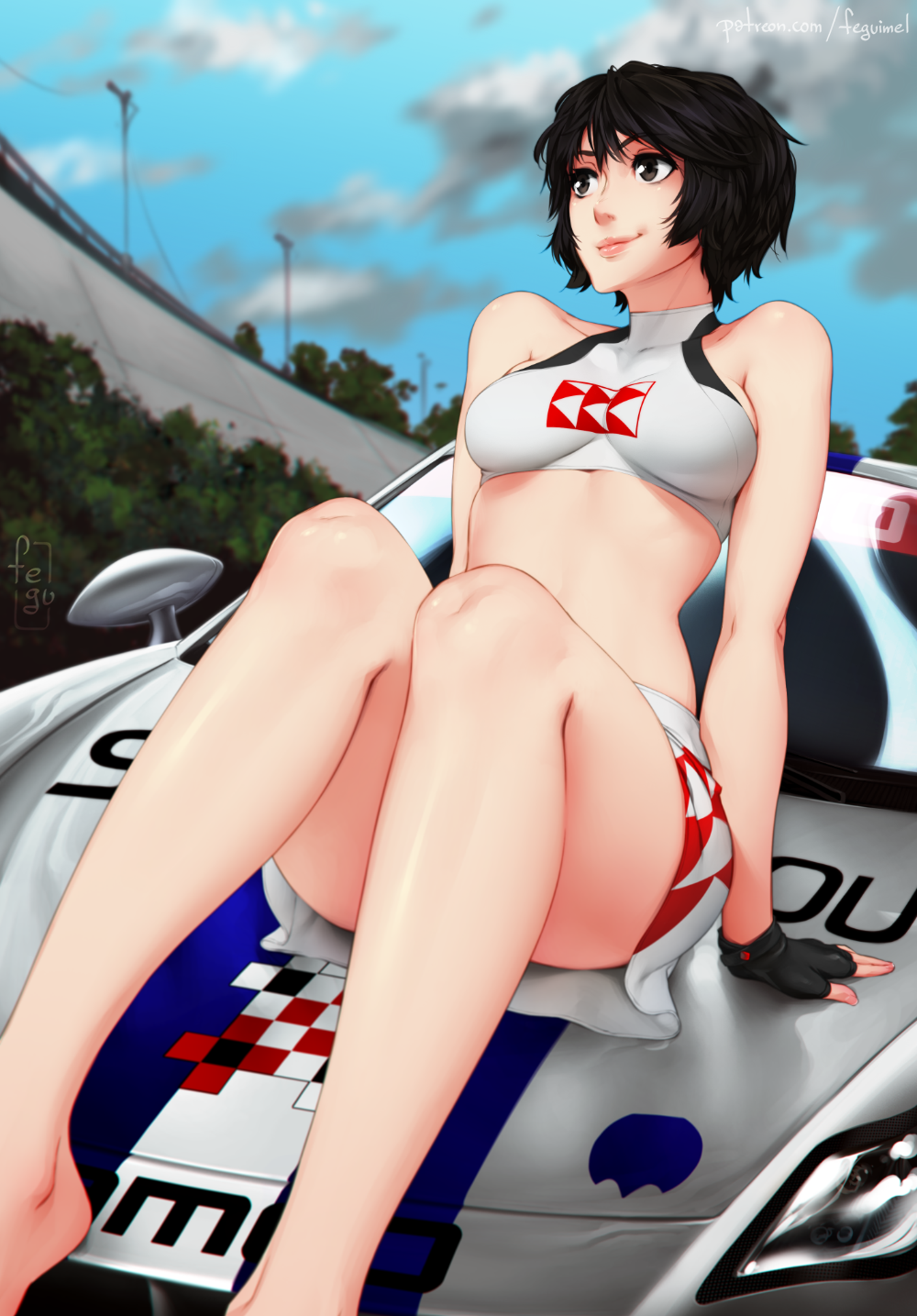1girl arm_support artist_name bangs bare_legs bare_shoulders barefoot black_eyes black_gloves black_hair breasts car closed_mouth clouds cloudy_sky collarbone crop_top day eyebrows_visible_through_hair feguimel fingerless_gloves gloves ground_vehicle highres lips medium_breasts motor_vehicle nagase_reiko namco nose outdoors patreon_reward patreon_username racecar racequeen ridge_racer short_hair sitting skirt sky smile solo turtleneck vehicle