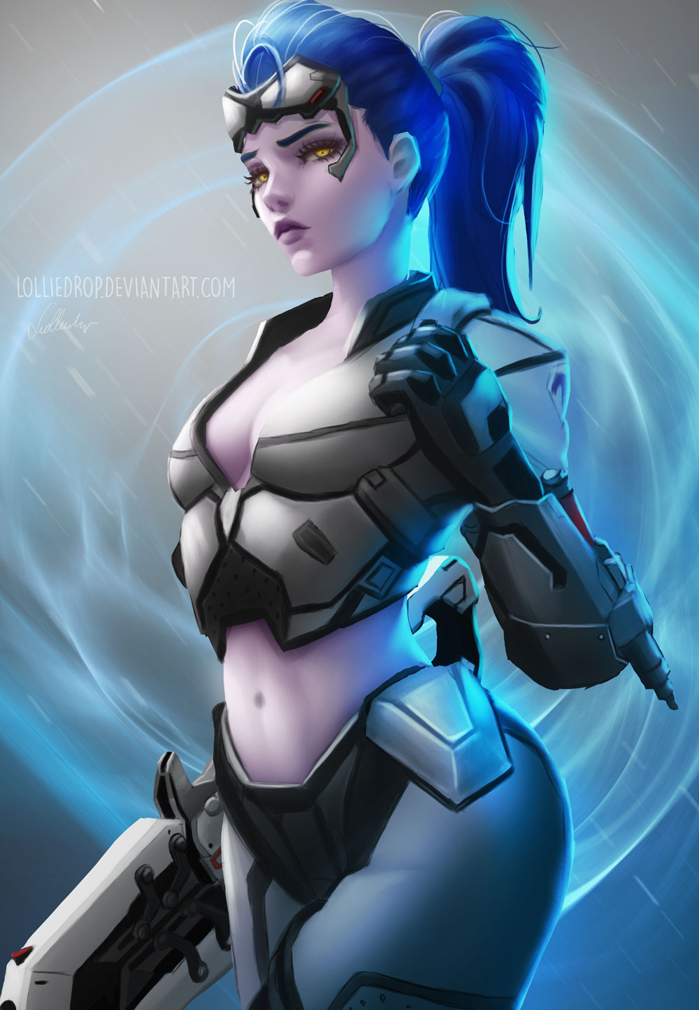 1girl alternate_costume blue_hair breasts cleavage clenched_hand commentary cowboy_shot energy eyelashes gloves goggles goggles_on_head grey_background gun highres holding holding_gun holding_weapon lips lolliedrop looking_at_viewer medium_hair midriff navel overwatch ponytail purple_lips purple_skin rifle small_breasts solo talon_widowmaker watermark weapon web_address widowmaker_(overwatch) yellow_eyes