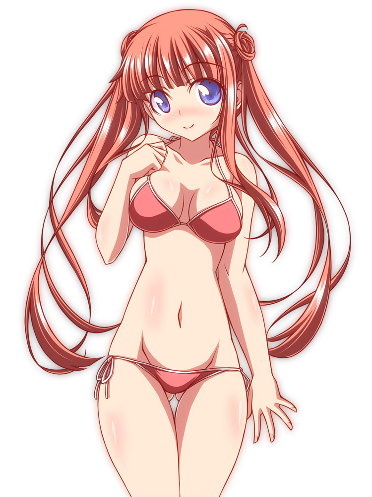 1girl adjusting_clothes adjusting_swimsuit bangs bikini blue_eyes blunt_bangs breasts brown_hair closed_mouth cowboy_shot double_bun gluteal_fold kikuchi_tsutomu long_hair looking_at_viewer medium_breasts navel original red_bikini side-tie_bikini sidelocks simple_background smile solo standing swimsuit thigh_gap white_background