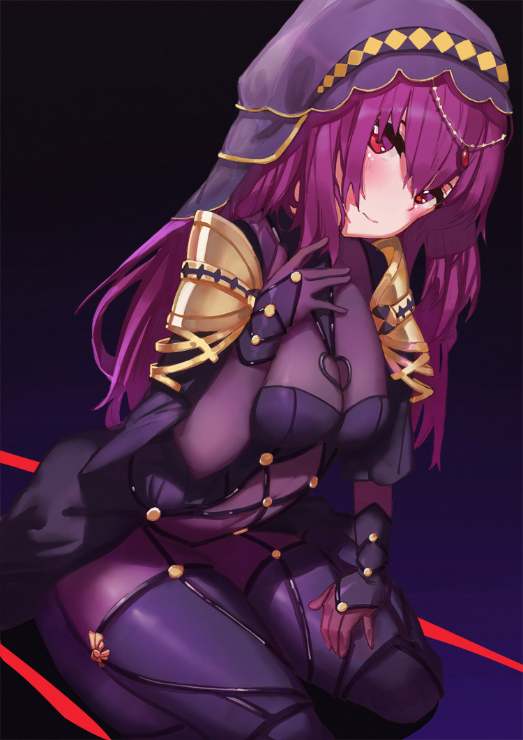 1girl black_background breasts fate_(series) hood hummingbird_(artist) light_smile long_hair looking_at_viewer purple_hair red_eyes scathach_(fate/grand_order) seiza simple_background sitting solo thighs