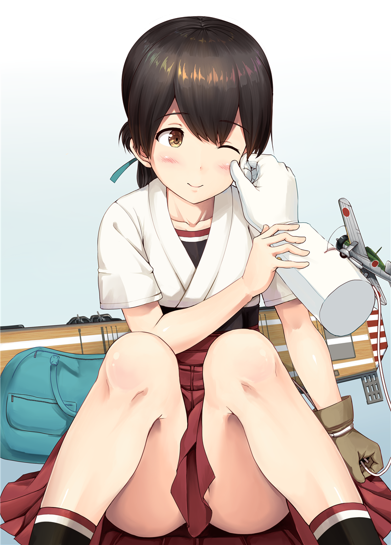 1girl blush brown_eyes collarbone flight_deck gloves hakama ichikawa_feesu japanese_clothes kantai_collection kasuga_maru_(kantai_collection) looking_to_the_side miniskirt no_panties partly_fingerless_gloves pleated_skirt red_skirt short_hair sitting skirt smile thighs