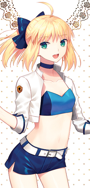 1girl :d ahoge alternate_costume bangs belt belt_buckle blonde_hair blue_bow blue_choker blue_shorts bow breasts buckle choker collarbone cowboy_shot cropped_jacket emblem eyebrows_visible_through_hair fate/stay_night fate_(series) green_eyes hair_bow jacket karinzero long_sleeves looking_at_viewer navel open_clothes open_jacket open_mouth polka_dot polka_dot_background round_teeth saber short_hair short_ponytail short_shorts shorts sleeves_past_elbows small_breasts smile solo standing stomach strapless teeth tubetop white_jacket