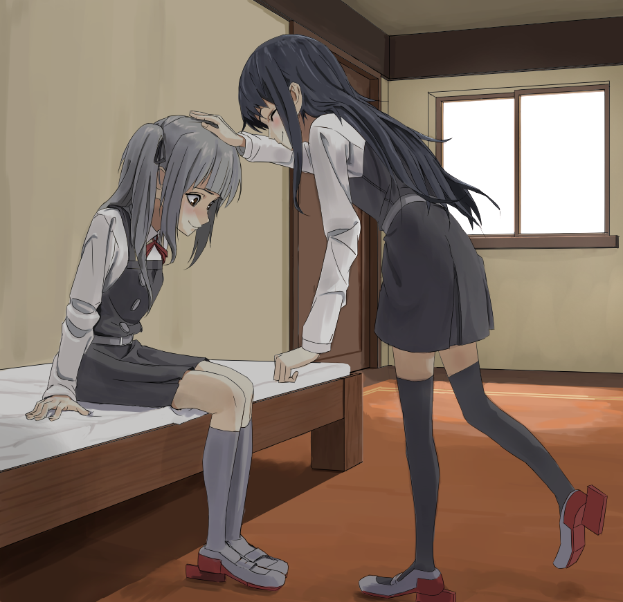 2girls ^_^ asashio_(kantai_collection) bed belt black_hair black_legwear black_ribbon blush buttons closed_eyes closed_mouth door dress dress_shirt female from_side grey_hair hair_ribbon hand_on_another's_head iki_heavy indoors kantai_collection kasumi_(kantai_collection) kneehighs leaning leaning_forward long_hair long_sleeves looking_at_another multiple_girls neck_ribbon on_bed petting pinafore_dress pleated_dress pleated_skirt red_ribbon remodel_(kantai_collection) ribbon school_uniform shirt shoes side_ponytail sitting skirt smile standing suspenders thigh-highs uwabaki white_shirt window yuri