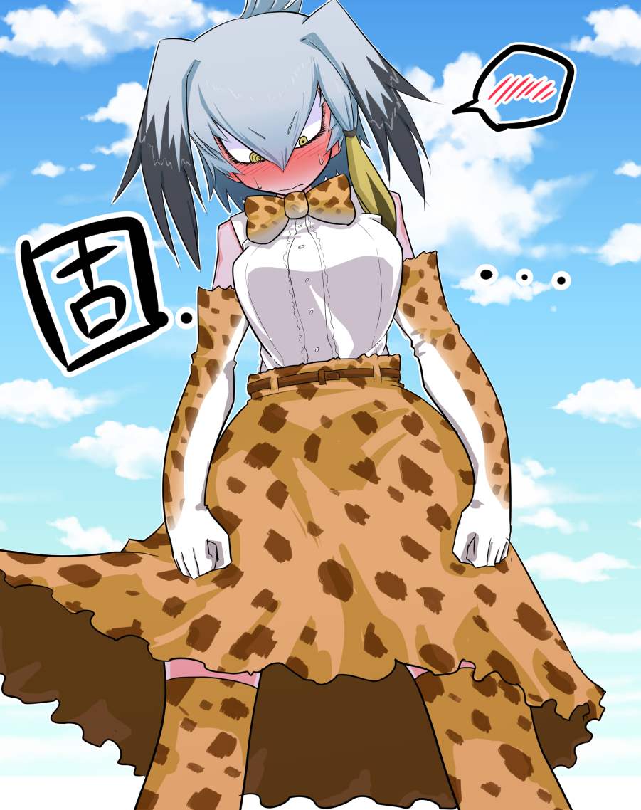 1girl black_hair blush bow bowtie breasts cosplay elbow_gloves eyebrows_visible_through_hair gloves grey_hair kemono_friends low_ponytail multicolored_hair nuka_cola06 serval_(kemono_friends) serval_(kemono_friends)_(cosplay) serval_print shirt shoebill_(kemono_friends) short_hair side_ponytail skirt sleeveless solo spoken_blush yellow_eyes