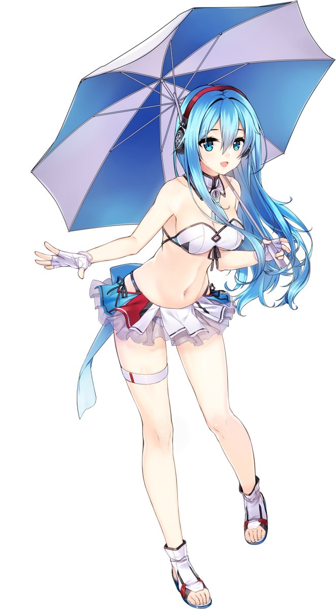 1girl :d ascot bangs bare_shoulders bikini bikini_skirt blue_ascot blue_eyes breasts cleavage collarbone detached_collar eyebrows_visible_through_hair fingerless_gloves frilled_skirt frills full_body gloves groin hair_between_eyes hands_up headphones holding holding_umbrella kuro_(kuronell) legs_apart long_hair looking_at_viewer medium_breasts midriff miniskirt navel open_mouth original racequeen shoes side-tie_bikini simple_background skirt smile solo standing stomach strapless strapless_bikini striped striped_umbrella swimsuit thigh_strap umbrella white_background white_gloves white_shoes white_skirt