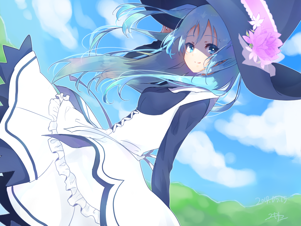 1girl blue_eyes blue_hair chtholly_nota_seniorious clouds day dress dutch_angle female flower hat hat_flower hat_ribbon kyudo-yuki long_hair looking_at_viewer outdoors ribbon shuumatsu_nani_shitemasu_ka? smile solo standing witch_hat