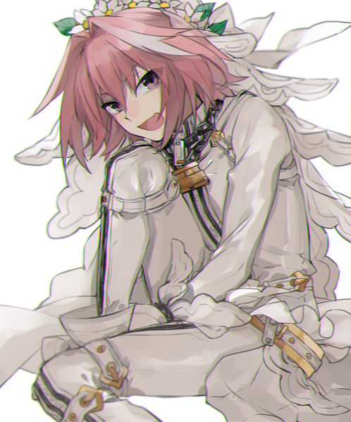 1boy belt blush bodysuit braid cape chains cosplay fang fate/apocrypha fate/extra fate/extra_ccc fate/grand_order fate_(series) flower hair_ribbon hita_(hitapita) lock long_hair looking_at_viewer male_focus open_mouth padlock pink_hair ribbon rider_of_black saber_bride saber_bride_(cosplay) saber_extra single_braid smile solo trap veil violet_eyes zipper