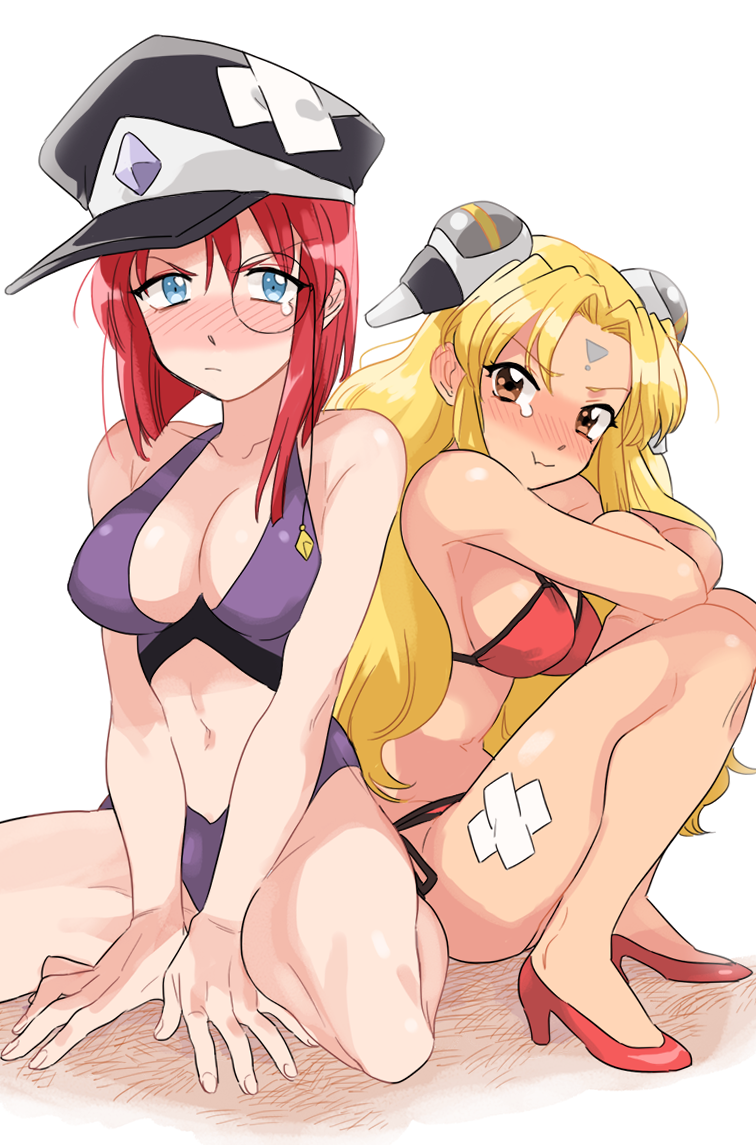 &gt;:t 2girls :t bikini blonde_hair blush breasts dress forte_stollen galaxy_angel hakinikui_kutsu_no_mise hat high_heels large_breasts long_hair looking_at_viewer monocle multiple_girls pout ranpha_franboise redhead short_hair swimsuit tears