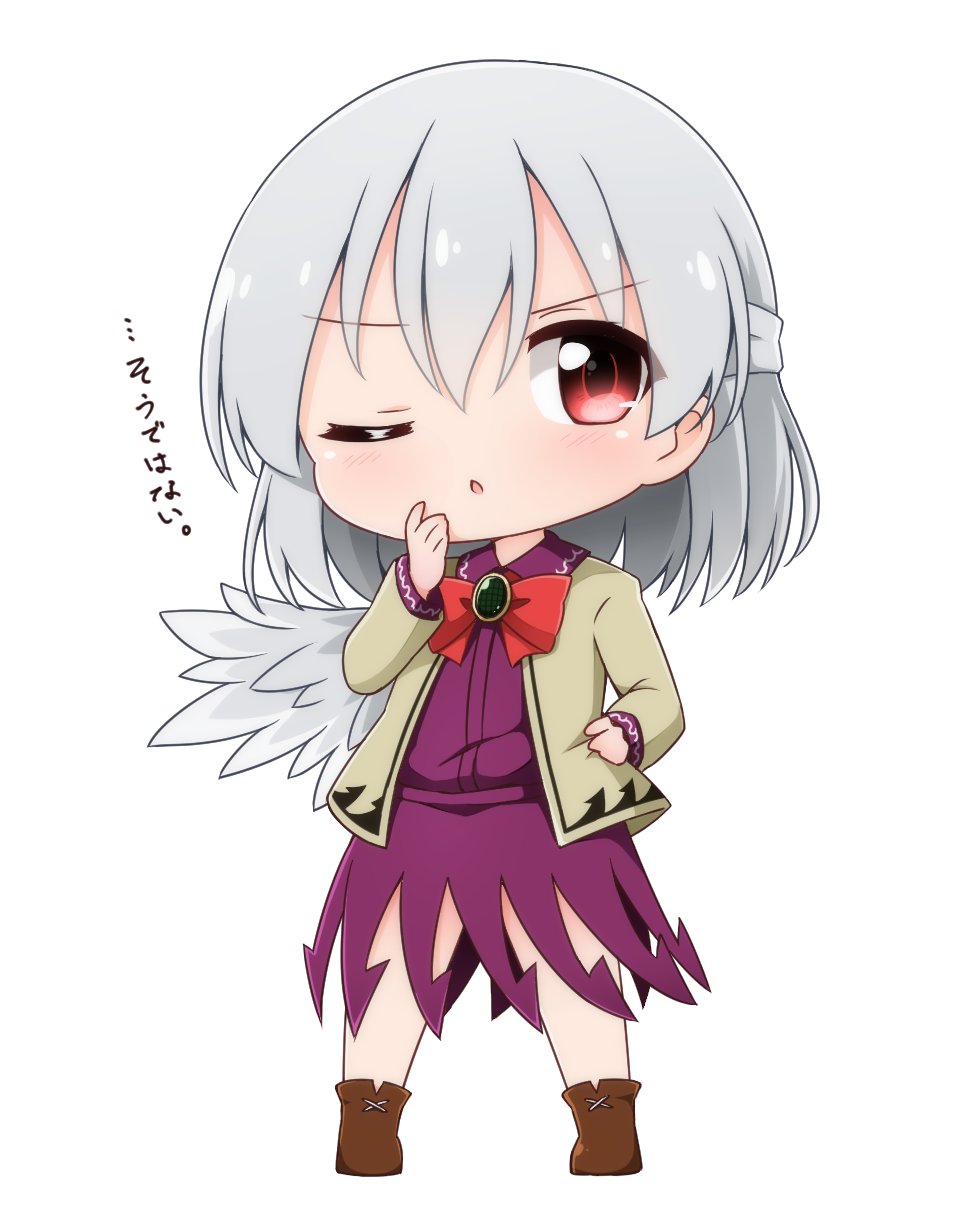 1girl ;o ankle_boots blush boots bow bowtie brooch chibi dress half_updo highres jacket jewelry kishin_sagume looking_at_viewer one_eye_closed red_eyes short_hair silver_hair single_wing solo suwa_yasai thats_not_it touhou wings