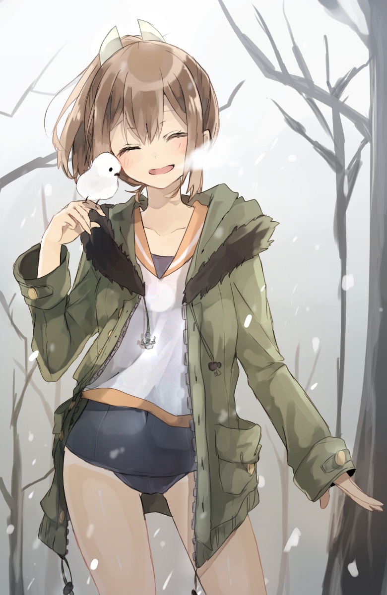 1girl ^_^ animal bird blush breath brown_hair chibirisu closed_eyes coat commentary_request covered_navel hair_ribbon highres i-401_(kantai_collection) kantai_collection open_clothes outdoors ponytail ribbon school_swimsuit school_uniform serafuku smile snowing solo swimsuit swimsuit_under_clothes tree winter