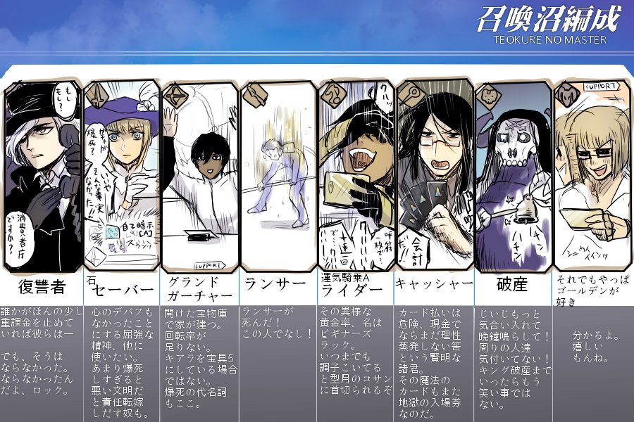 6+boys arjuna_(fate/grand_order) armor artist_request bell black_hair black_hat blonde_hair blue_hair blue_hat blush card cellphone dark_skin edmond_dantes_(fate/grand_order) fate/grand_order fate_(series) gameplay_mechanics gift_card glasses gloves glowing glowing_eyes google hand_on_own_face hat horns king_hassan_(fate/grand_order) lance lancer le_chevalier_d'eon_(fate/grand_order) long_hair looking_at_viewer lord_el-melloi_ii mask multiple_boys older open_eyes open_mouth phone polearm rider_(fate/prototype_fragments) sakata_kintoki_(fate/grand_order) short_hair skull skull_mask smartphone speech_bubble sunglasses teeth translation_request waver_velvet wavy_hair weapon white_hair yellow_eyes