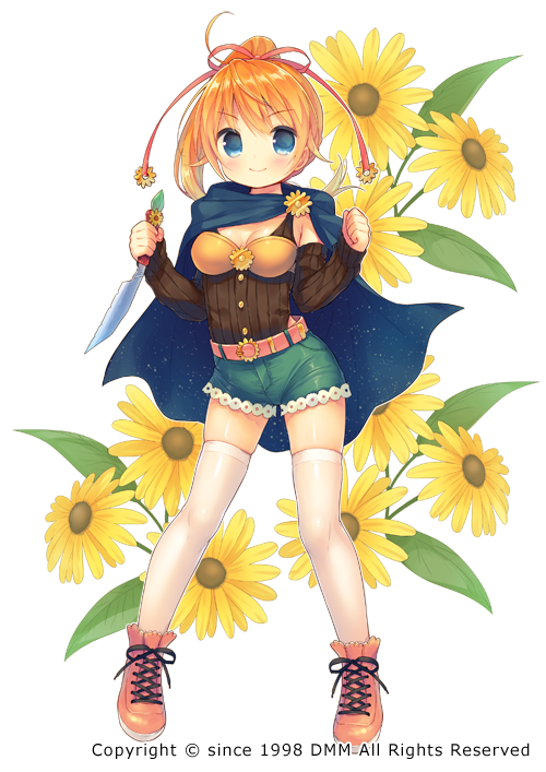 1girl arm_warmers belt blonde_hair blue_cape blue_eyes blue_shorts cape closed_mouth dagger flower flower_knight_girl full_body looking_at_viewer object_namesake official_art orange_shoes ponytail reverse_grip rudbeckia_(flower_knight_girl) shoes short_hair shorts smile solo standing thigh-highs usashiro_mani weapon white_legwear