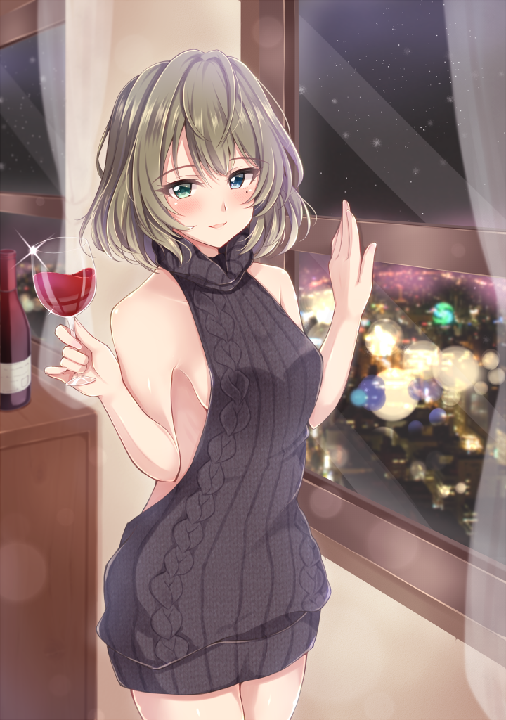 1girl :d alcohol aran_sweater backless_outfit bangs bare_arms bare_shoulders black_sweater blue_eyes blush bottle breasts brown_hair city_lights cowboy_shot cup curtains dress drinking_glass eyebrows_visible_through_hair green_eyes halterneck hand_on_window heterochromia holding_glass idolmaster idolmaster_cinderella_girls indoors jiino light_particles looking_at_viewer meme_attire mole mole_under_eye naked_sweater night night_sky open-back_dress open_mouth parted_lips ribbed_sweater short_hair sideboob sky sleeveless sleeveless_turtleneck small_breasts smile solo sparkle star_(sky) starry_sky sweater sweater_dress takagaki_kaede tsurime turtleneck turtleneck_sweater virgin_killer_sweater wall window wine wine_bottle wine_glass