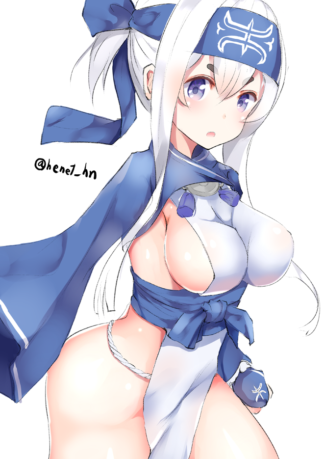 &gt;:o 1girl :o ainu_clothes bandanna blue_eyes blush breasts cowboy_shot cropped_jacket dress folded_ponytail from_side hair_between_eyes headband henet_hene kamoi_(kantai_collection) kantai_collection large_breasts long_hair long_sleeves looking_at_viewer looking_to_the_side pelvic_curtain sideboob sidelocks simple_background sleeveless sleeveless_dress solo thick_eyebrows thighs twitter_username white_background white_dress white_hair wrist_guards