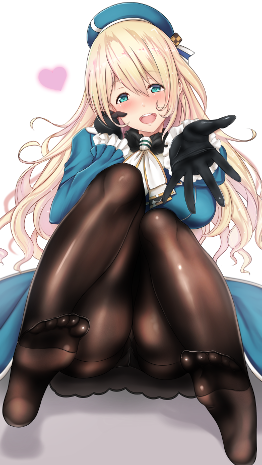 1girl atago_(kantai_collection) blonde_hair blue_eyes breasts commentary_request feet gloves heart huge_breasts kantai_collection long_hair looking_at_viewer no_shoes open_mouth panties panties_under_pantyhose pantyhose smile soles solo toes underwear untsue