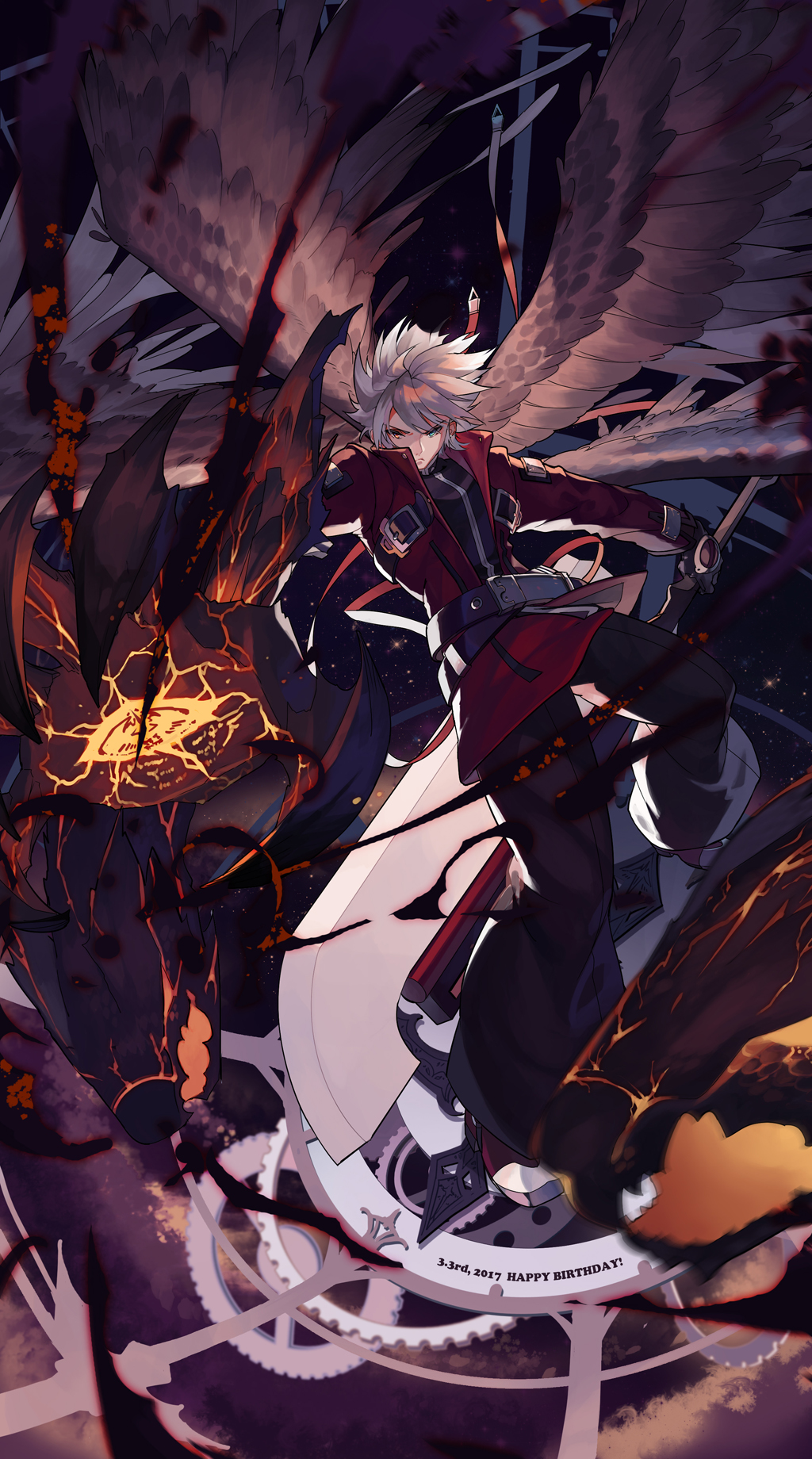 1boy black_pants blazblue claws coat dated feathered_wings full_body green_eyes happy_birthday heterochromia highres male_focus messy_hair pants ragna_the_bloodedge red_coat red_eyes selenoring silver_hair solo spiky_hair sword weapon wings