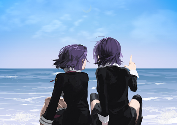 2girls black_legwear commentary_request day from_behind horizon kantai_collection mayumio88 multiple_girls outdoors pointing protected_link purple_hair short_hair sitting sky tatsuta_(kantai_collection) tenryuu_(kantai_collection) thigh-highs water wind