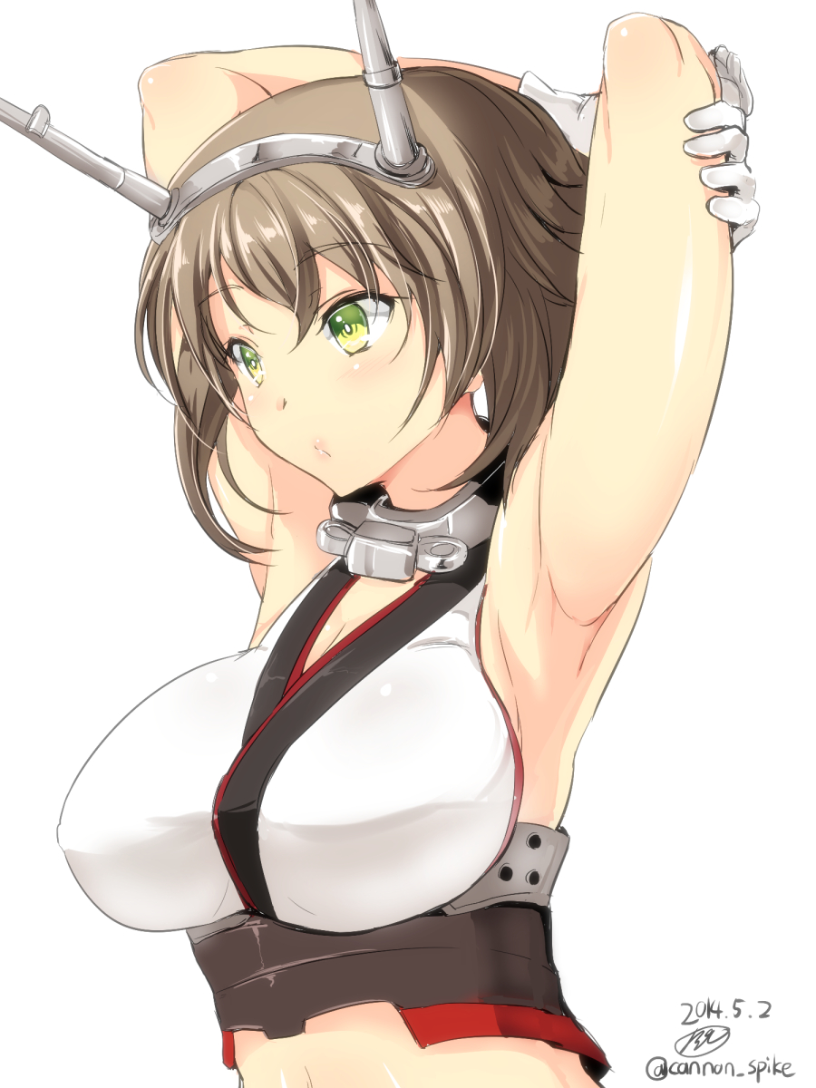 1girl armpits breasts brown_hair cleavage collar dated gin'ichi_(akacia) gloves green_eyes hand_behind_head hand_on_arm headgear highres kantai_collection large_breasts looking_to_the_side midriff mutsu_(kantai_collection) panties short_hair simple_background solo twitter_username underwear white_background white_gloves