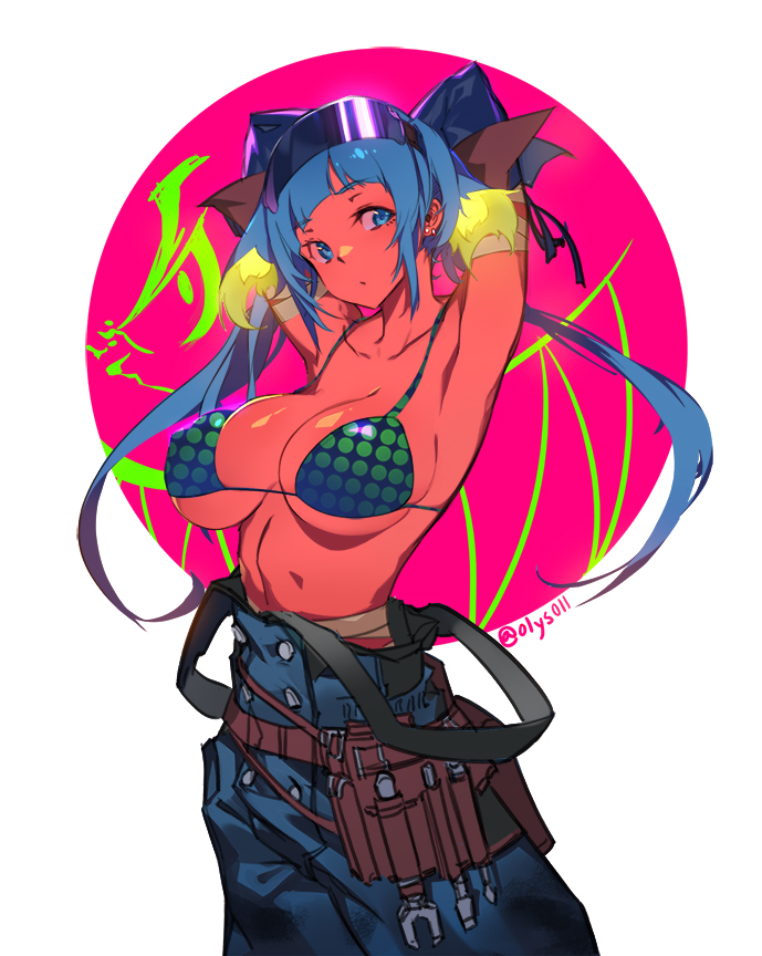 1girl arm_behind_back armpits bandage bandaged_arms bangs bare_shoulders belt bikini blue_eyes blue_gloves blue_hair blunt_bangs bow breasts brown_bow cleavage collarbone cowboy_shot ear_piercing earrings elbow_gloves glasses glasses_on_head gloves green_bikini hair_bow jewelry large_breasts long_hair olys original overalls piercing red_skin screwdriver sidelocks simple_background solo strap_gap stud_earrings suspenders swimsuit twintails twitter_username utility_belt white_background wrench