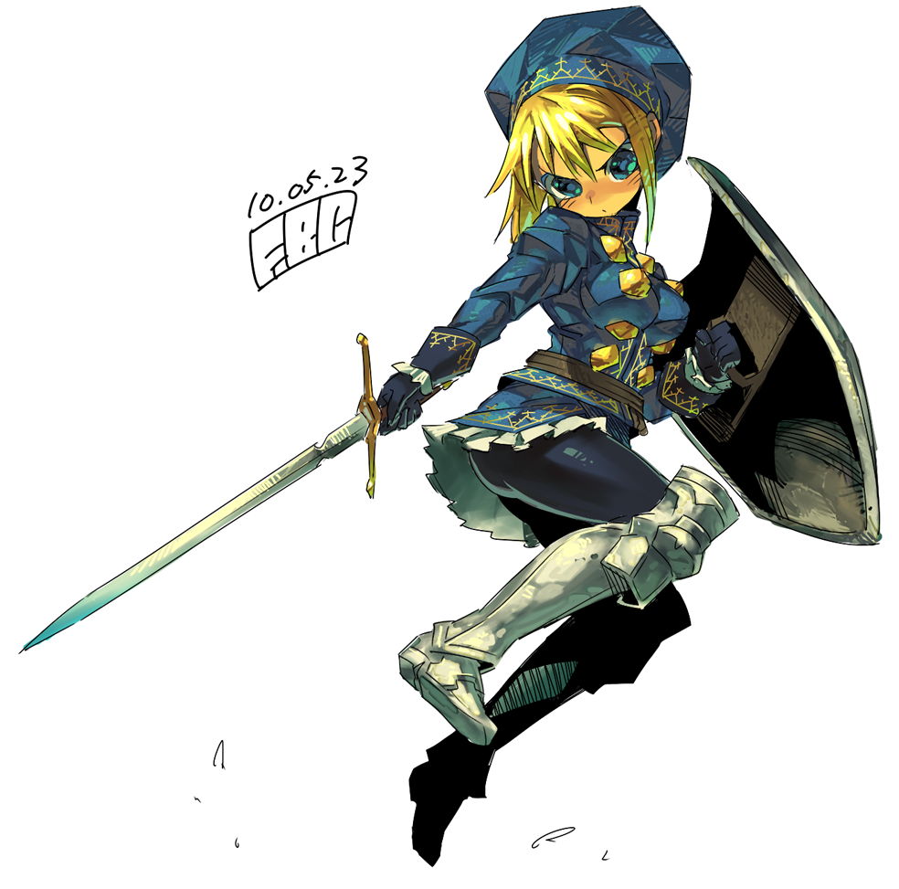 1girl armor armored_boots armored_dress bangs belt beret black_legwear blonde_hair blue_dress blue_eyes blue_gloves blue_hat blush boots breasts closed_mouth dated dress fantasy_earth_zero fbc full_body gloves hat headgear holding holding_shield holding_sword holding_weapon knee_boots long_sleeves looking_at_viewer medium_breasts midair nose_blush pantyhose serious shield shiny shiny_hair short_hair signature simple_background solo sword unsheathed weapon white_background