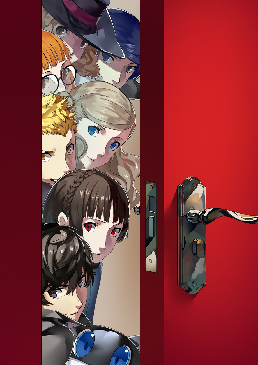 4boys 4girls around_corner black_hair blonde_hair blue_eyes blue_hair braid brown_eyes brown_hair crown_braid door door_handle doorway glasses graphite_(medium) hat highres kitagawa_yuusuke kurusu_akira long_hair looking_at_viewer morgana_(persona_5) multiple_boys multiple_girls nanaya_(daaijianglin) niijima_makoto okumura_haru orange_hair peeking persona persona_5 red_eyes sakamoto_ryuuji sakura_futaba short_hair smile takamaki_anne traditional_media twintails yellow_eyes